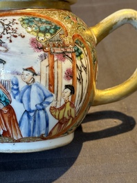 A Chinese Canton famille rose 'mandarin subject' covered teapot and a pair of saucers, Qianlong