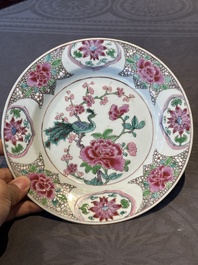 Six Chinese famille rose 'peacock and flowers' plates, Yongzheng