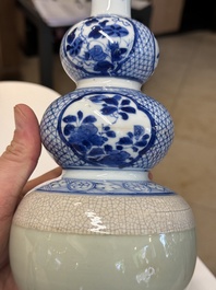 A rare Chinese blue and white, celadon-and-ge-glazed triple gourd vase, Kangxi