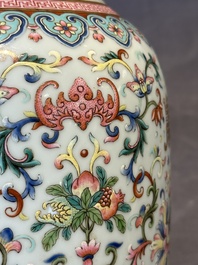 A pair of Chinese famille rose vases with floral design, Jiaqing mark, 19/20th C.