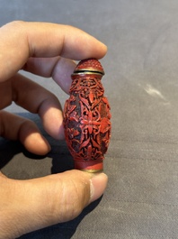 A Chinese carved turquoise snuff bottle and two red lacquer snuff bottles, Qianlong mark, 19/20th C.