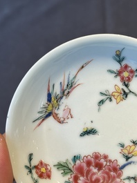 Five Chinese famille rose cups and saucers with horses, birds and flowers, Yongzheng/Qianlong