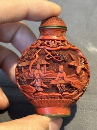 A Chinese carved turquoise snuff bottle and two red lacquer snuff bottles, Qianlong mark, 19/20th C.
