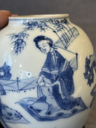 A Chinese blue and white tea caddy and cover with ladies playing music, Kangxi