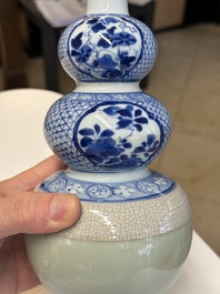 A rare Chinese blue and white, celadon-and-ge-glazed triple gourd vase, Kangxi