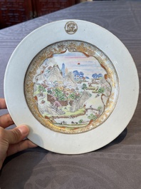A Chinese famille rose Meissen-style plate and a monogrammed Canton famille rose plate, Qianlong