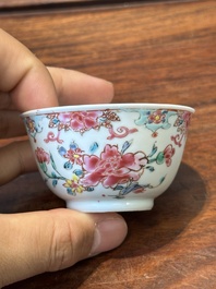 Nine Chinese famille rose cups and eight saucers, Yongzheng/Qianlong