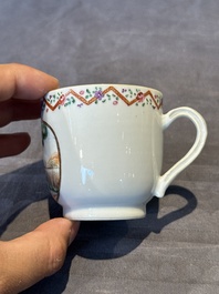 Three Chinese export famille rose 'European subject' cups and two saucers, Qianlong