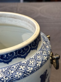 A fine Chinese blue and white 'landscape and antiquities' bowl with silver handles, Kangxi
