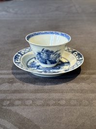 A Chinese blue and white 'erotic' cup and saucer, Kangxi