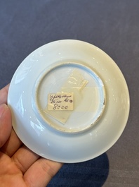 Five Chinese famille rose cups and saucers with horses, birds and flowers, Yongzheng/Qianlong