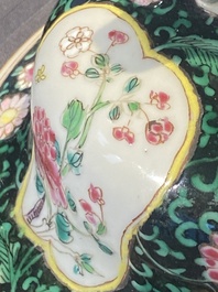 A pair of Chinese famille rose black-ground jars and covers with mountainous landscape design, Yongzheng