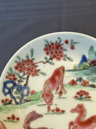 Five Chinese famille rose cups and saucers with horses, birds and flowers, Yongzheng/Qianlong