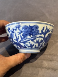 A Chinese blue and white 'Three friends of winter' bowl, Jiajing mark, Kangxi