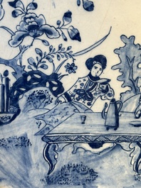 A blue and white Dutch Delft 'chinoiserie' plaque, 18th C.