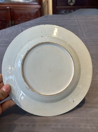 A pair of Chinese 'leaping pekinese' plates, possibly after a design by Cornelis Pronk, Qianlong, ca. 1740