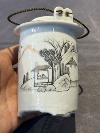 A hexagonal Chinese grisaille covered wine jug and warmer, signed Xinan Xushan 新安旭山, Guangxu mark, 19th C.
