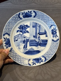 Three Chinese blue and white plates with figural design, Chenghua and Kangxi mark, Kangxi