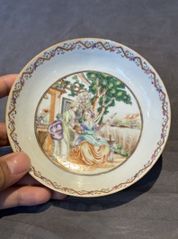 Three Chinese export famille rose 'European subject' cups and two saucers, Qianlong