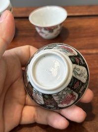 Nine Chinese famille rose cups and eight saucers, Yongzheng/Qianlong