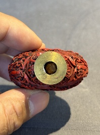 A Chinese carved turquoise snuff bottle and two red lacquer snuff bottles, Qianlong mark, 19/20th C.