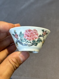 Five Chinese famille rose cups and saucers with horses, birds and flowers, Yongzheng/Qianlong