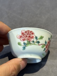 Two pairs of Chinese famille rose cups and saucers with pheasants and roosters, Yongzheng/Qianlong