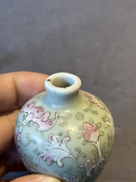 Two Chinese famille rose 'lotus scroll' snuff bottles and a flamb&eacute;-glazed snuff bottle, 19th C.