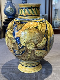 A large Italian maiolica drug jar with trophies, Casteldurante, 2nd half 16th C.