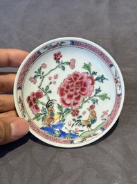 Two pairs of Chinese famille rose cups and saucers with pheasants and roosters, Yongzheng/Qianlong