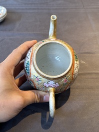 A Chinese Canton famille rose 'mandarin subject' covered teapot and a pair of saucers, Qianlong