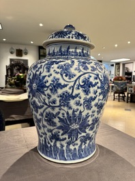 A large Chinese blue and white 'lotus scroll' vase and cover, Kangxi