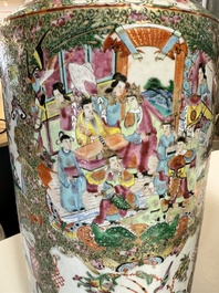 A pair of Chinese Canton famille rose vases with figures, flowers and insects, 19th C.