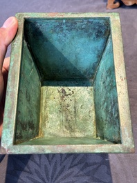 A rare large and inscribed archaistic bronze wine vessel, 'fang yi 方彝', Song/Ming