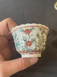 Two pairs of Chinese famille verte cups and saucers, Kangxi