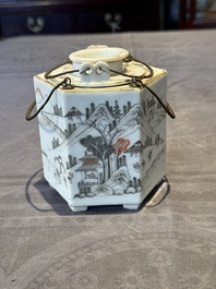 A hexagonal Chinese grisaille covered wine jug and warmer, signed Xinan Xushan 新安旭山, Guangxu mark, 19th C.
