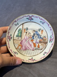 Three Chinese export famille rose 'European subject' cups and two saucers, Qianlong