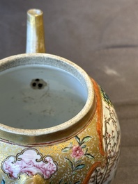 A Chinese Canton famille rose 'mandarin subject' covered teapot and a pair of saucers, Qianlong