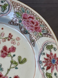 Six Chinese famille rose 'peacock and flowers' plates, Yongzheng