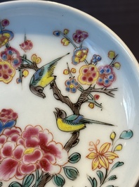 Five Chinese famille rose cups and saucers with horses, birds and flowers, Yongzheng/Qianlong