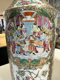 A pair of Chinese Canton famille rose vases with figures, flowers and insects, 19th C.