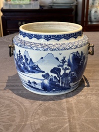A fine Chinese blue and white 'landscape and antiquities' bowl with silver handles, Kangxi