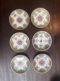 Five Chinese famille rose cups and six saucers with floral decor, Yongzheng/Qianlong
