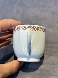 Three Chinese export famille rose 'European subject' cups and two saucers, Qianlong