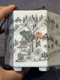 A hexagonal Chinese grisaille covered wine jug and warmer, signed Xinan Xushan 新安旭山, Guangxu mark, 19th C.