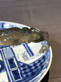 A Chinese blue and white 'Xi Xiang Ji' plate with silver mount, Yongzheng