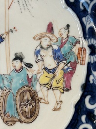 Two Chinese Canton famille rose 'mandarin subject' plates and a saucer, Qianlong