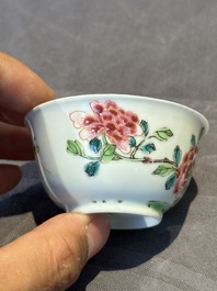 Two pairs of Chinese famille rose cups and saucers with pheasants and roosters, Yongzheng/Qianlong