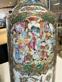 A pair of Chinese Canton famille rose vases with figures, flowers and insects, 19th C.
