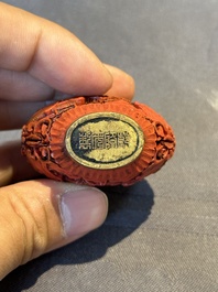 A Chinese carved turquoise snuff bottle and two red lacquer snuff bottles, Qianlong mark, 19/20th C.